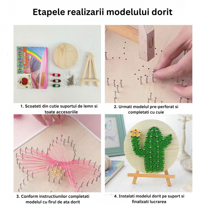 Kit STRING ART cu fire, DABISY, model BARCA CU PANZE, efect 3D, pentru copii si adulti, bricolaj, suport de lemn, rotund pre-perforat, minisevalet, fire de ata, handmande, dimensiuni 11 x 11 cm [2]