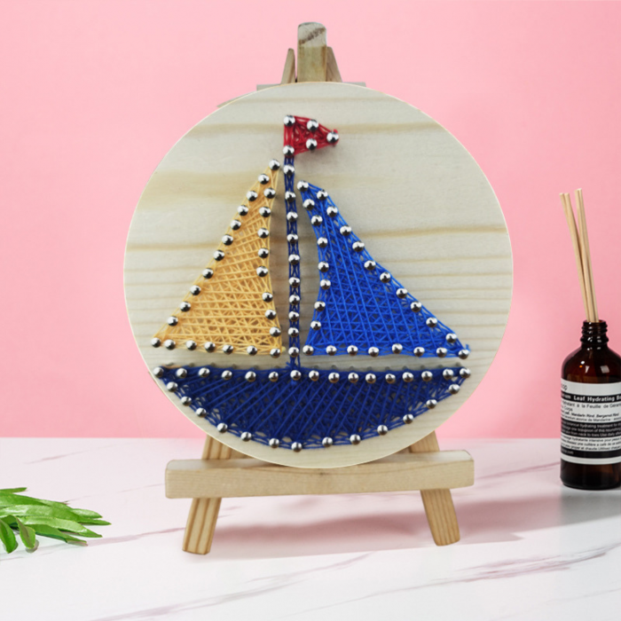 Kit STRING ART cu fire, DABISY, model BARCA CU PANZE, efect 3D, pentru copii si adulti, bricolaj, suport de lemn, rotund pre-perforat, minisevalet, fire de ata, handmande, dimensiuni 11 x 11 cm [5]