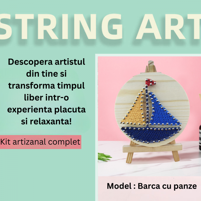 Kit STRING ART cu fire, DABISY, model BARCA CU PANZE, efect 3D, pentru copii si adulti, bricolaj, suport de lemn, rotund pre-perforat, minisevalet, fire de ata, handmande, dimensiuni 11 x 11 cm [4]