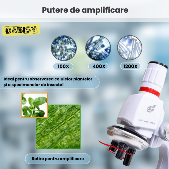 Microscop copii, DABISY, amplificare imagine 100x/400x/1200x, iluminare led ajustabila, kit educational, suport inclinat, accesorii incluse, suport telefon, geanta suport, unisex, alb [6]