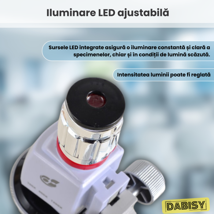 Microscop copii, DABISY, amplificare imagine 100x/400x/1200x, iluminare led ajustabila, kit educational, suport inclinat, accesorii incluse, suport telefon, geanta suport, unisex, alb [5]