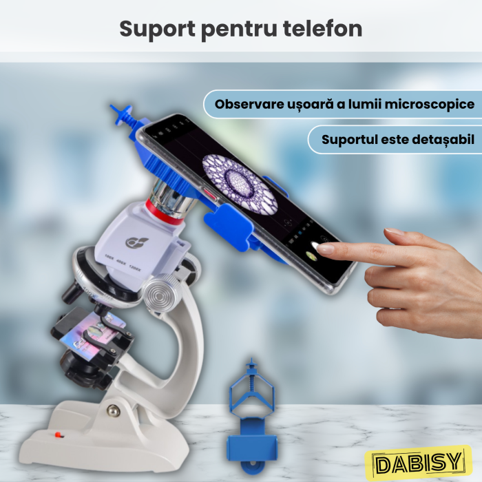 Microscop copii, DABISY, amplificare imagine 100x/400x/1200x, iluminare led ajustabila, kit educational, suport inclinat, accesorii incluse, suport telefon, geanta suport, unisex, alb [7]