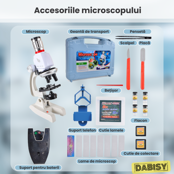 Microscop copii, DABISY, amplificare imagine 100x/400x/1200x, iluminare led ajustabila, kit educational, suport inclinat, accesorii incluse, suport telefon, geanta suport, unisex, alb [3]