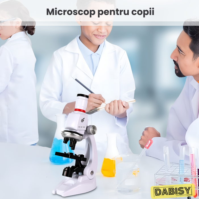Microscop copii, DABISY, amplificare imagine 100x/400x/1200x, iluminare led ajustabila, kit educational, suport inclinat, accesorii incluse, suport telefon, geanta suport, unisex, alb [2]