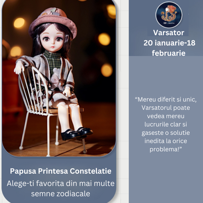Papusa printesa constelatiei Zodia VARSATOR, 30 de cm, DABISY, design realist, cutie cadou, 13 articulatii flexibile, 1 set de hainute suplimentar, pentru copii peste 3 ani, bej multicolor [7]