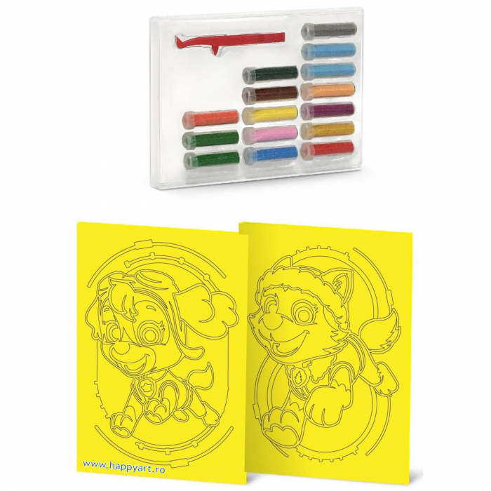 Paw Patrol - SKYE & EVEREST, Set creativ pictura cu nisip colorat, 2 planse 16,5 x 23,5 cm, 15 tuburi nisip multicolor, 1 penseta, 2 folii, + 3 ani, cutie roz [3]
