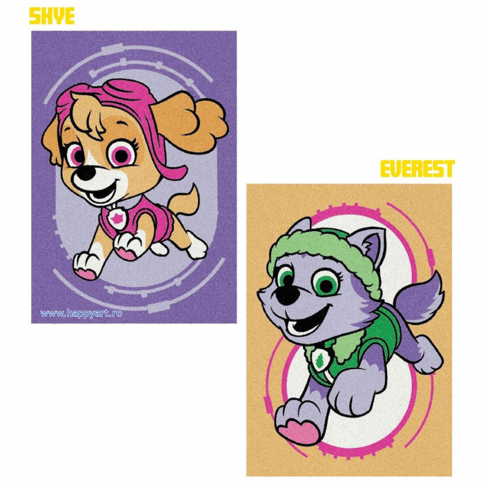 Paw Patrol - SKYE & EVEREST, Set creativ pictura cu nisip colorat, 2 planse 16,5 x 23,5 cm, 15 tuburi nisip multicolor, 1 penseta, 2 folii, + 3 ani, cutie roz [2]