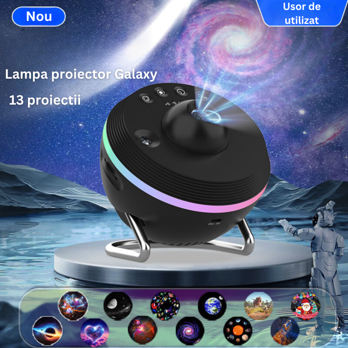 Proiector stelar Galaxy, 13 discuri in set, rotativ la 360 de grade, rezolutie 4 K, lampa de veghe, galaxii, luna, sistem solor, pamant si luna, negru [2]