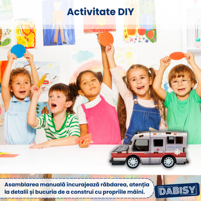 Puzzle 3D AMBULANTA, lemn colorat, DABISY, 19 piese, 56 x 62 x 125 mm, functie pull-back, educativ DIY, recomandat 6+ ani, multicolor [7]
