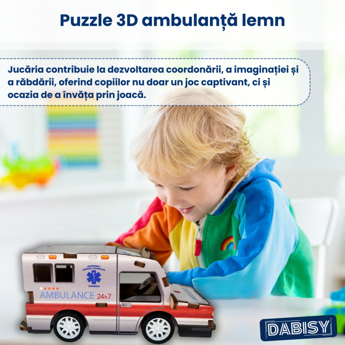 Puzzle 3D AMBULANTA, lemn colorat, DABISY, 19 piese, 56 x 62 x 125 mm, functie pull-back, educativ DIY, recomandat 6+ ani, multicolor [2]
