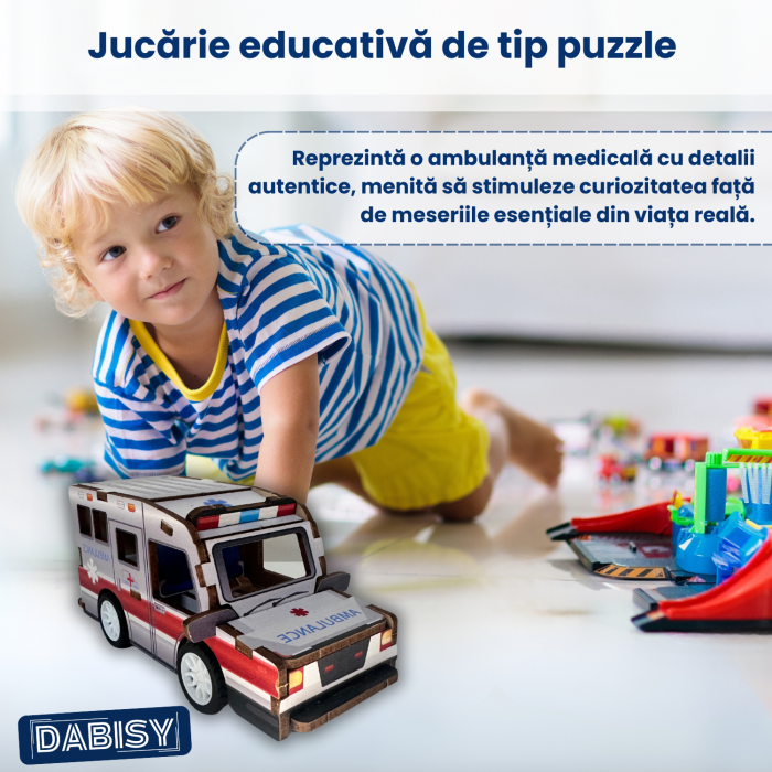 Puzzle 3D AMBULANTA, lemn colorat, DABISY, 19 piese, 56 x 62 x 125 mm, functie pull-back, educativ DIY, recomandat 6+ ani, multicolor [3]