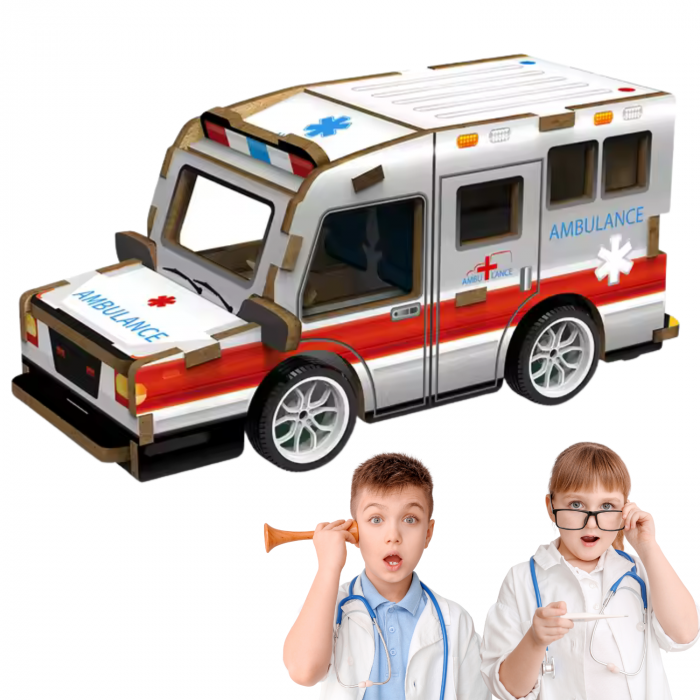 Puzzle 3D AMBULANTA, lemn colorat, DABISY, 19 piese, 56 x 62 x 125 mm, functie pull-back, educativ DIY, recomandat 6+ ani, multicolor [1]