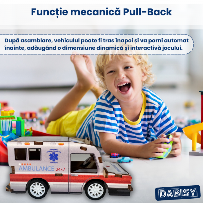Puzzle 3D AMBULANTA, lemn colorat, DABISY, 19 piese, 56 x 62 x 125 mm, functie pull-back, educativ DIY, recomandat 6+ ani, multicolor [5]
