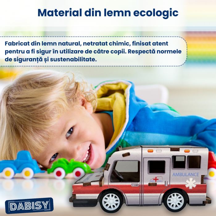 Puzzle 3D AMBULANTA, lemn colorat, DABISY, 19 piese, 56 x 62 x 125 mm, functie pull-back, educativ DIY, recomandat 6+ ani, multicolor [4]