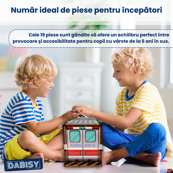 Puzzle 3D AMBULANTA, lemn colorat, DABISY, 19 piese, 56 x 62 x 125 mm, functie pull-back, educativ DIY, recomandat 6+ ani, multicolor [6]