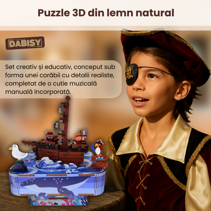 Puzzle 3D din lemn, DABISY, CORABIA PIRATILOR, cutie muzicala manuala, 77 piese, model DIY creativ pentru copii si adulti, cadou craciun sau aniversare, 14+ ani, multicolor [2]