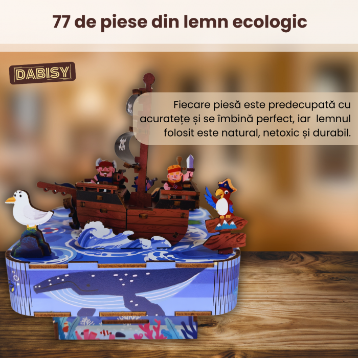 Puzzle 3D din lemn, DABISY, CORABIA PIRATILOR, cutie muzicala manuala, 77 piese, model DIY creativ pentru copii si adulti, cadou craciun sau aniversare, 14+ ani, multicolor [3]