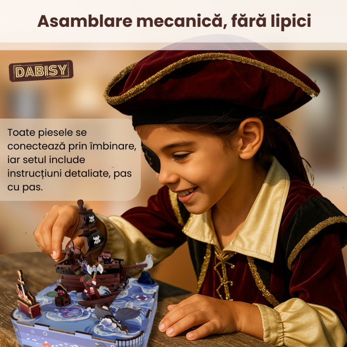Puzzle 3D din lemn, DABISY, CORABIA PIRATILOR, cutie muzicala manuala, 77 piese, model DIY creativ pentru copii si adulti, cadou craciun sau aniversare, 14+ ani, multicolor [4]