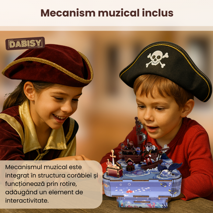 Puzzle 3D din lemn, DABISY, CORABIA PIRATILOR, cutie muzicala manuala, 77 piese, model DIY creativ pentru copii si adulti, cadou craciun sau aniversare, 14+ ani, multicolor [6]