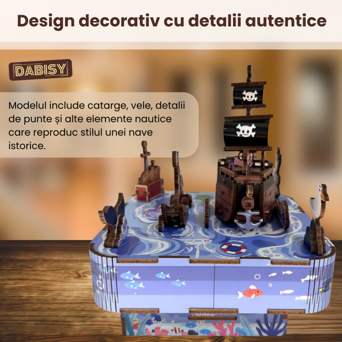 Puzzle 3D din lemn, DABISY, CORABIA PIRATILOR, cutie muzicala manuala, 77 piese, model DIY creativ pentru copii si adulti, cadou craciun sau aniversare, 14+ ani, multicolor [7]