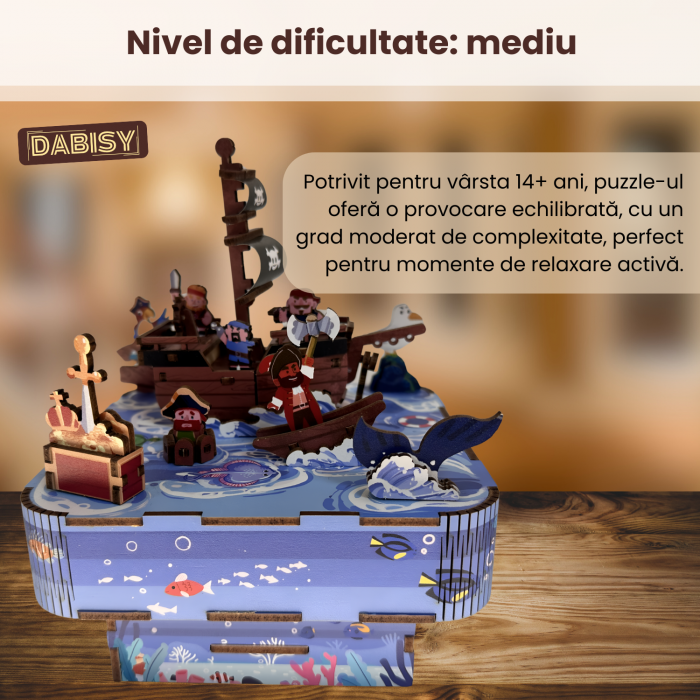 Puzzle 3D din lemn, DABISY, CORABIA PIRATILOR, cutie muzicala manuala, 77 piese, model DIY creativ pentru copii si adulti, cadou craciun sau aniversare, 14+ ani, multicolor [5]