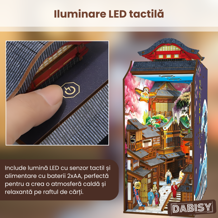 Puzzle 3D lemn Book Nook, DABISY, model EDO SAKURA 293 piese, iluminare led, mini scenariu japonez, varsta 14+, multicolor [7]