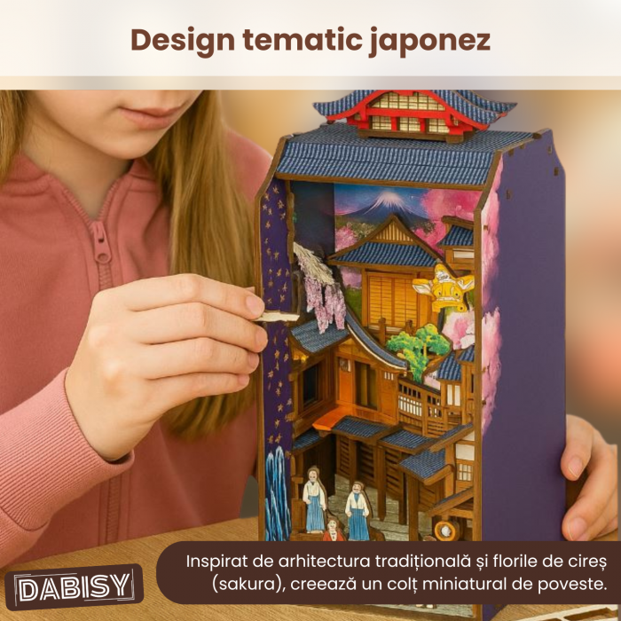 Puzzle 3D lemn Book Nook, DABISY, model EDO SAKURA, iluminare LED, multicolor, 190x100x243mm, 293 piese, 14 ani+ [4]