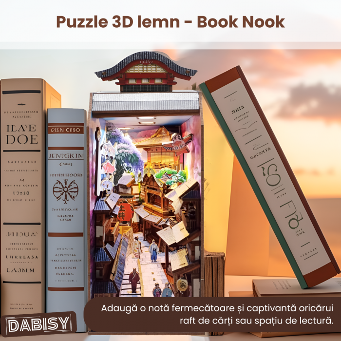 Puzzle 3D lemn Book Nook, DABISY, model EDO SAKURA, iluminare LED, multicolor, 190x100x243mm, 293 piese, 14 ani+ [2]
