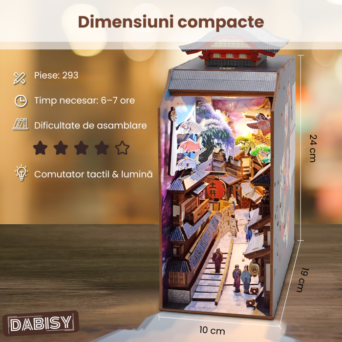 Puzzle 3D lemn Book Nook, DABISY, model EDO SAKURA, iluminare LED, multicolor, 190x100x243mm, 293 piese, 14 ani+ [6]