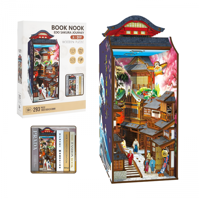 Puzzle 3D lemn Book Nook, DABISY, model EDO SAKURA, iluminare LED, multicolor, 190x100x243mm, 293 piese, 14 ani+ [1]