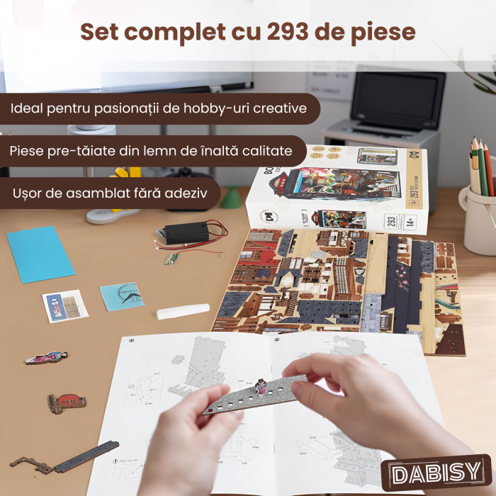 Puzzle 3D lemn Book Nook, DABISY, model EDO SAKURA, iluminare LED, multicolor, 190x100x243mm, 293 piese, 14 ani+ [3]