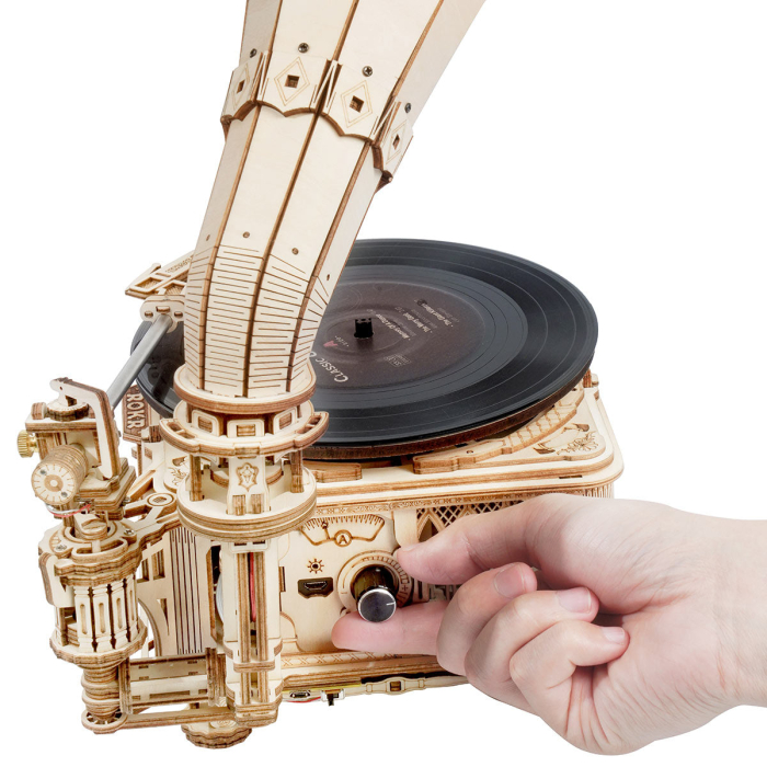 Puzzle 3D, lemn, cutiuta muzicala, Gramofon clasic, rotire cu manivela sau electrica, 424 piese [6]