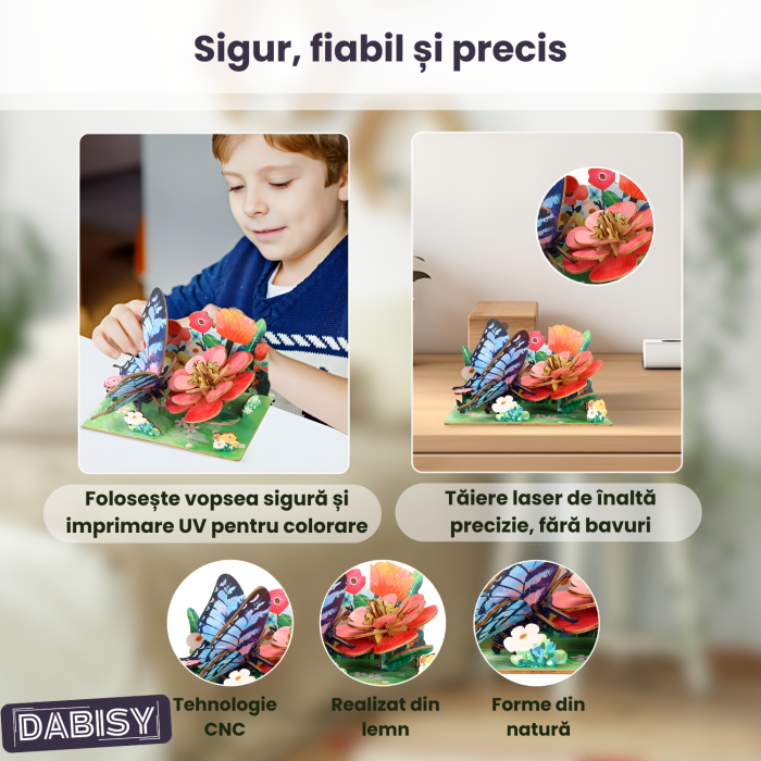 Puzzle 3D lemn DABISY, model Fluture, 55 piese, multicolor, sistem click-fit, 14.7x9.7x0.3 cm, 8+ [3]
