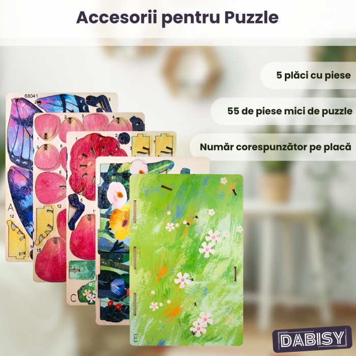Puzzle 3D lemn DABISY, model Fluture, 55 piese, multicolor, sistem click-fit, 14.7x9.7x0.3 cm, 8+ [5]