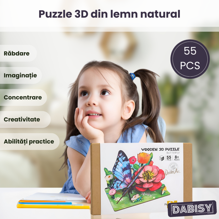 Puzzle 3D lemn DABISY, model Fluture, 55 piese, multicolor, sistem click-fit, 14.7x9.7x0.3 cm, 8+ [2]