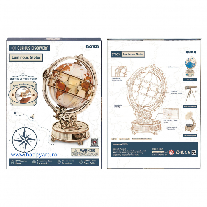 Puzzle 3D, Glob pamantesc cu lumina, lemn, 180 piese, ST003 [3]