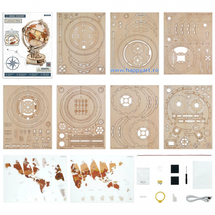 Puzzle 3D, Glob pamantesc cu lumina, lemn, 180 piese, ST003 [4]