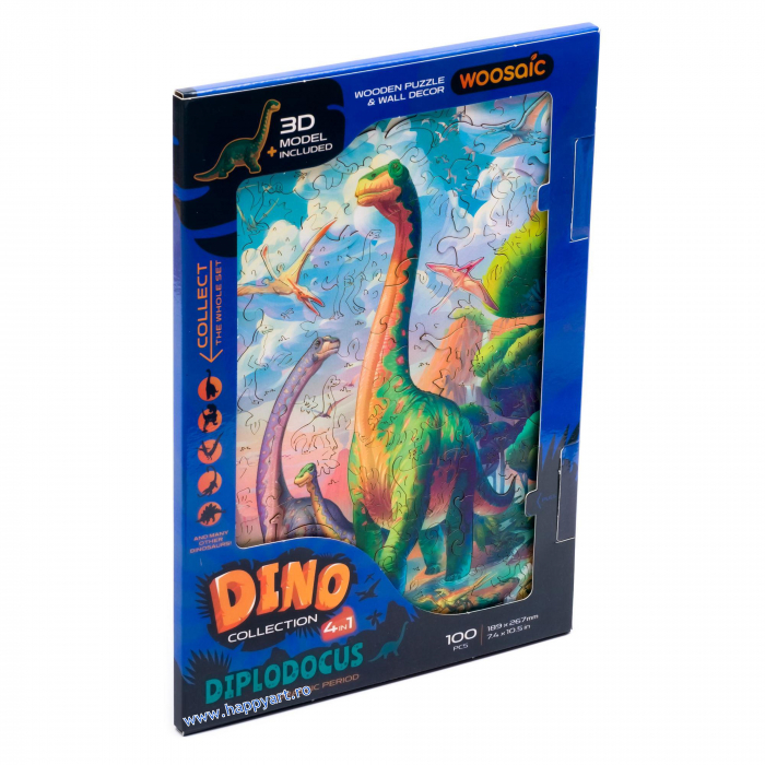 Puzzle copii, Diplodocus, din lemn, 100 piese, folie adeziv, macheta 3D si rigla lemn dinozaur, Unidragon [1]
