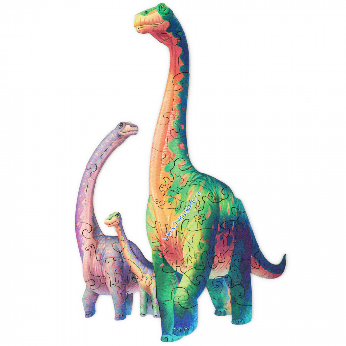 Puzzle copii, Diplodocus, din lemn, 100 piese, folie adeziv, macheta 3D si rigla lemn dinozaur, Unidragon [2]
