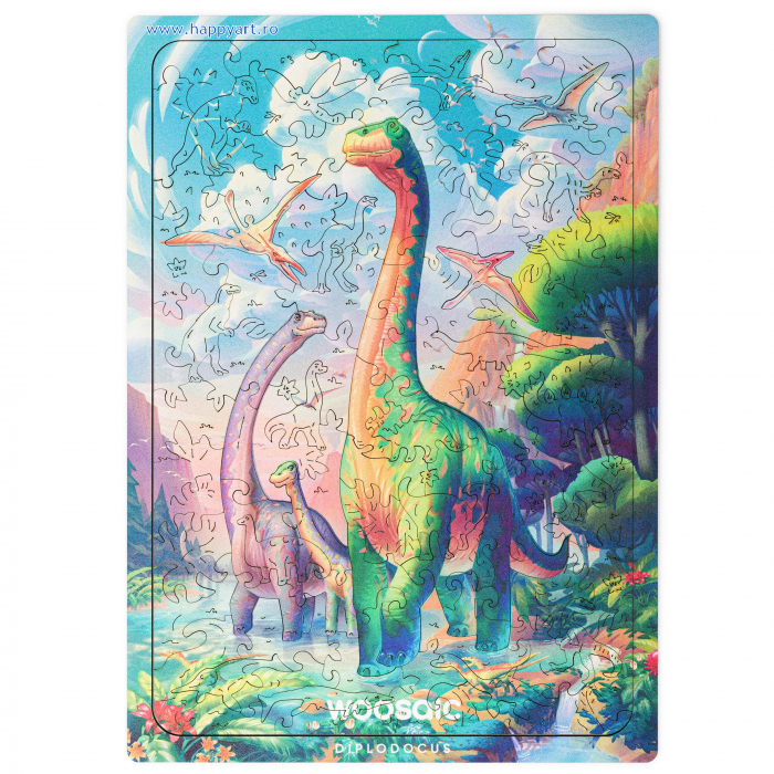 Puzzle copii, Diplodocus, din lemn, 100 piese, folie adeziv, macheta 3D si rigla lemn dinozaur, Unidragon [3]