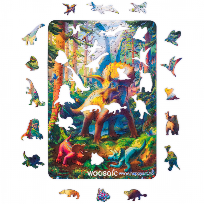 Puzzle copii, Triceratops, din lemn, 100 piese, folie adeziv, macheta si rigla lemn dinozaur, Unidragon [6]