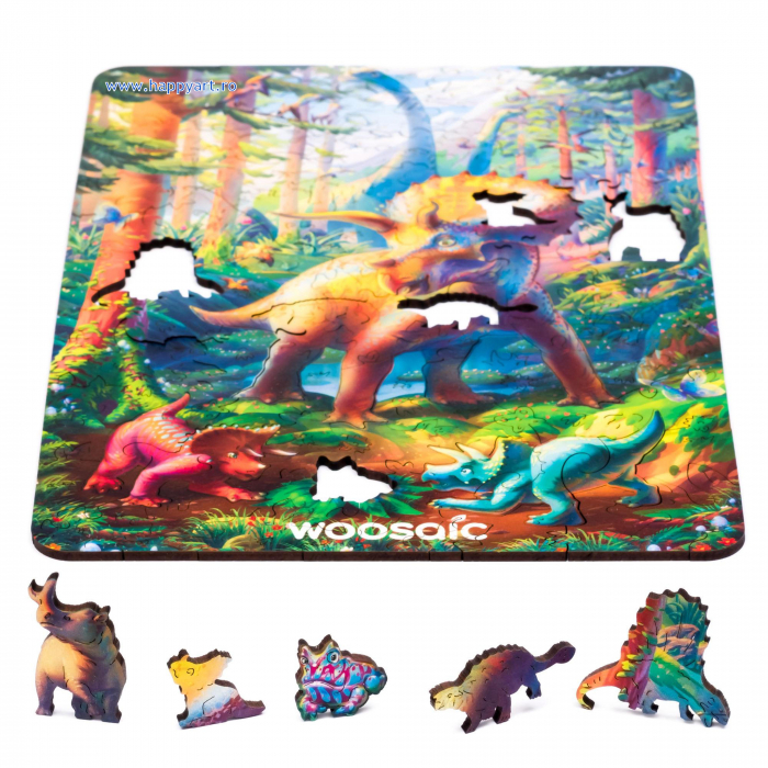 Puzzle copii, Triceratops, din lemn, 100 piese, folie adeziv, macheta si rigla lemn dinozaur, Unidragon [8]