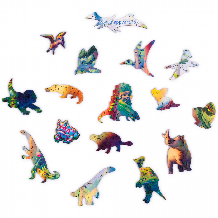 Puzzle copii, Triceratops, din lemn, 100 piese, folie adeziv, macheta si rigla lemn dinozaur, Unidragon [9]