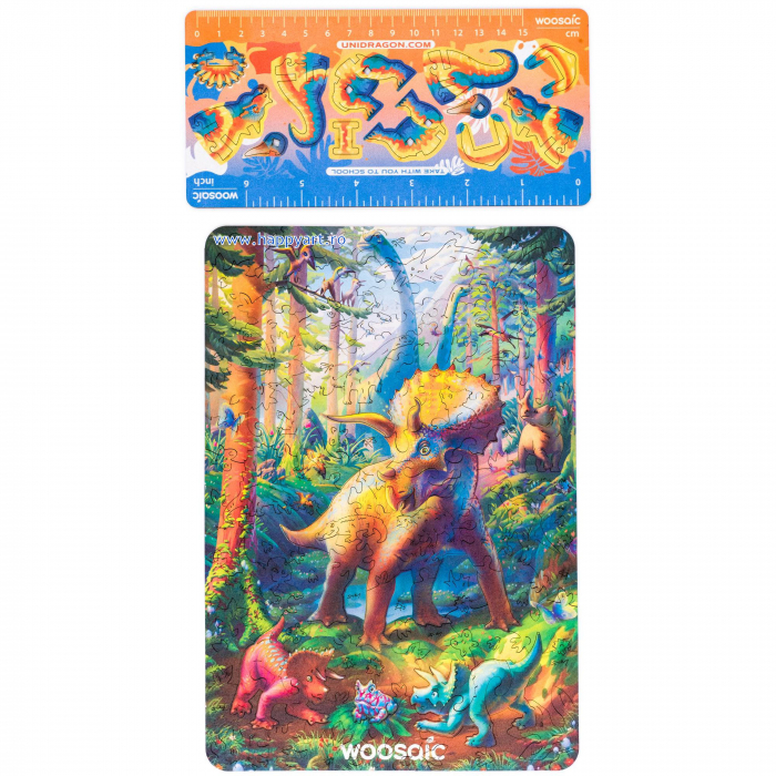 Puzzle copii, Triceratops, din lemn, 100 piese, folie adeziv, macheta si rigla lemn dinozaur, Unidragon [4]