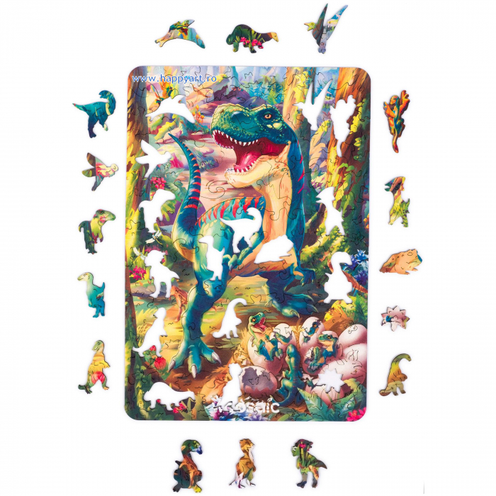 Puzzle copii, Tyrannosaurus Rex, din lemn, 100 piese, folie adeziv, macheta 3D si rigla lemn dinozaur, Unidragon [6]