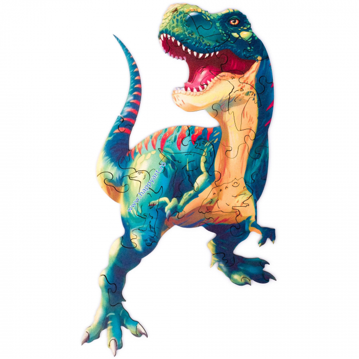 Puzzle copii, Tyrannosaurus Rex, din lemn, 100 piese, folie adeziv, macheta 3D si rigla lemn dinozaur, Unidragon [2]