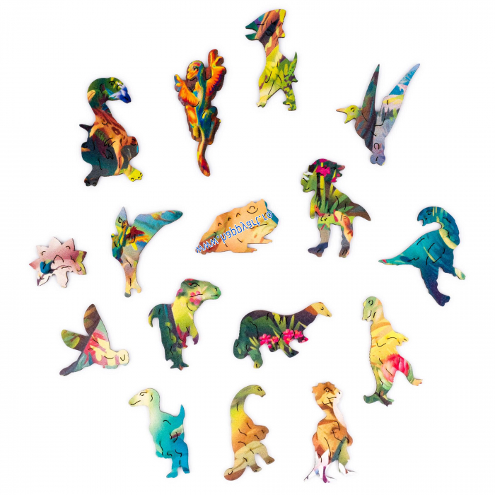 Puzzle copii, Tyrannosaurus Rex, din lemn, 100 piese, folie adeziv, macheta 3D si rigla lemn dinozaur, Unidragon [9]