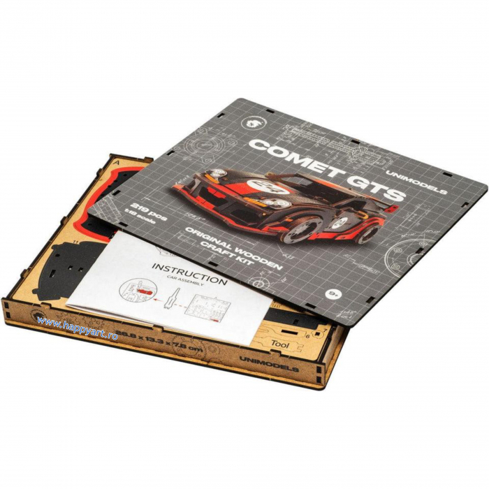 Puzzle din lemn 3D, Masina Comet GTS Black-Red, 219 piese, scara 1-18 [6]