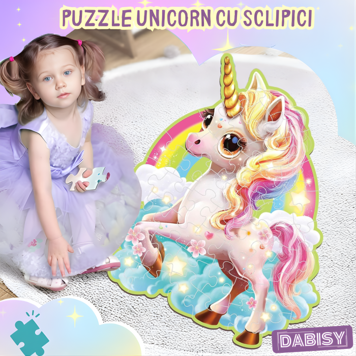 Puzzle gigant 45 piese cu glitter, model si forma UNICORN, joc educativ,carton gros, lucios, sclipicios, cutie roz, 70x95 cm, 3-6 ani [2]