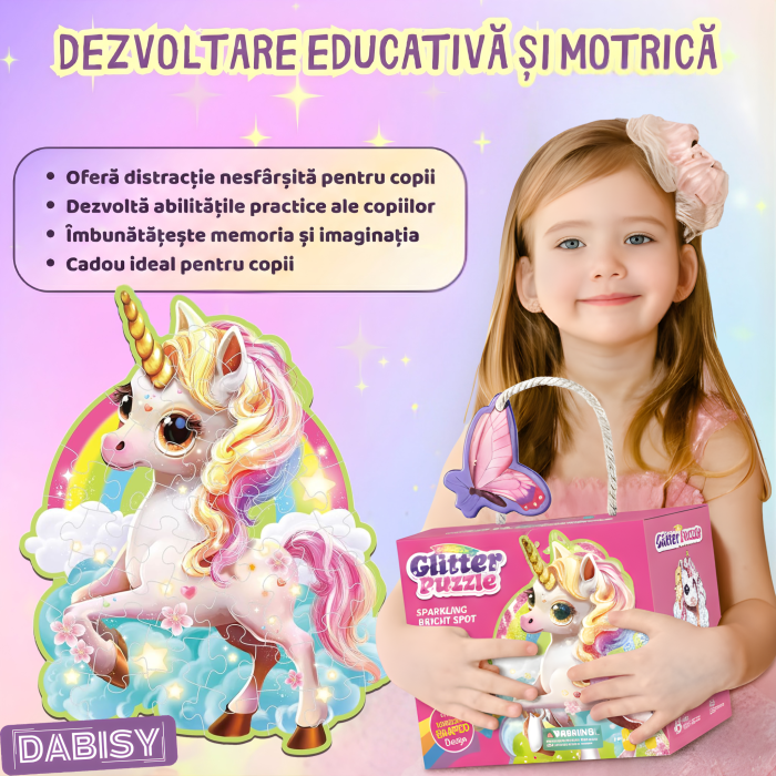 Puzzle gigant 45 piese cu glitter, model si forma UNICORN, joc educativ,carton gros, lucios, sclipicios, cutie roz, 70x95 cm, 3-6 ani [5]